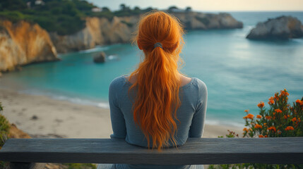 Poster - Woman with long red hair gazing at the ocean.