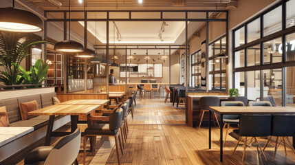 A modern coworking space featuring communal tables, private booths, and a coffee bar, perfect for freelancers and startups.