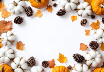 Wall Mural - autumn flat lay with pumpkins, cotton, and pine cones