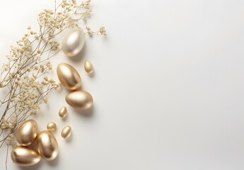 Wall Mural - minimalist gold easter eggs & flowers flat lay