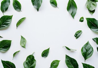 Wall Mural - minimalist green leaves frame on white background