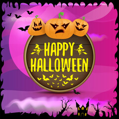 Poster - Happy Halloween banner with bats, cat, castle, graveyard and Halloween scary pumpkins isolated on spooky night background . Funky kids Halloween banner with greeting text