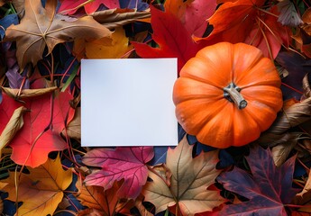 Wall Mural - autumn leaves, pumpkin & blank card mockup