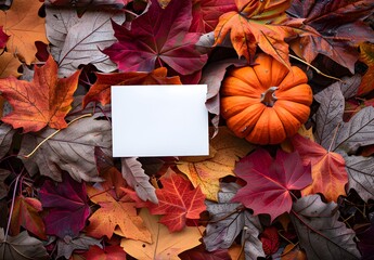 Wall Mural - blank card autumn leaves & pumpkin