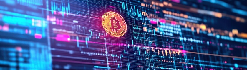 Aufkleber - Cryptocurrency exchange platform in a digital bank setting, glowing blockchain symbols, abstract neon lights, techinspired design, high contrast, art