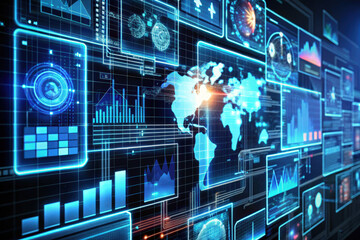 Poster - Exploring the dynamic world of data visualization with interactive graphs, global maps, and analytics in a futuristic digital landscape. Generative AI