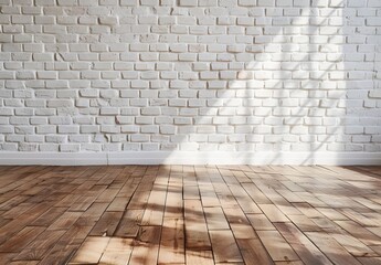 Poster - White Brick Wall Room with Wooden Floor and Sunlight