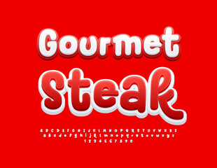 Poster - Vector foodie advertisement Gourmet Steak with artistic bright Font. Creative Red and White Alphabet Letters and Numbers set