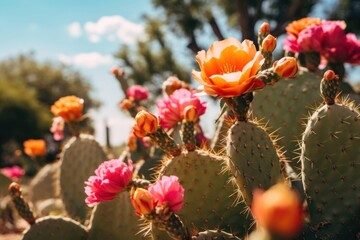 Poster - The vibrant colors of the flowers and the muted tones of the cactus landscape plant inflorescence.