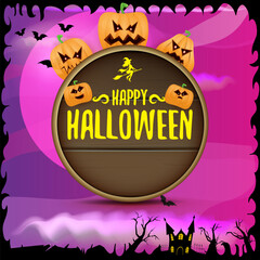 Poster - Happy Halloween banner with bats, cat, castle, graveyard and Halloween scary pumpkins isolated on spooky night background . Funky kids Halloween banner with greeting text