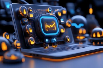 Poster - Hyper-realistic laptop screen displaying an encrypted message, showing vivid details of the digital locks and chat bubbles