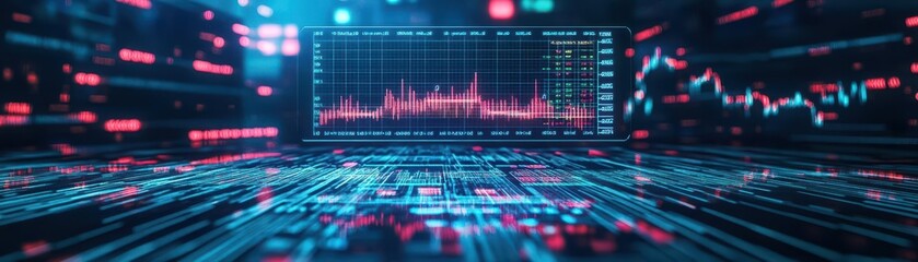 Poster - Digital board displaying stock prices, futuristic financial district, 3D illustration