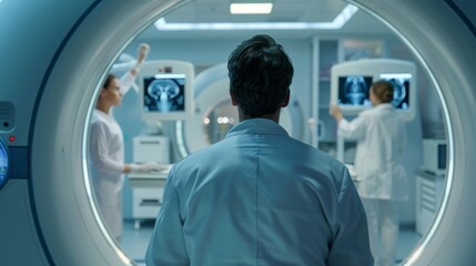 Aufkleber - A man in a white lab coat stands in front of a large MRI machine