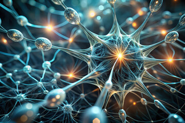 Poster - Exploring the intricate beauty of a neuron network illuminated by soft luminescence in a microscopic universe. Generative AI