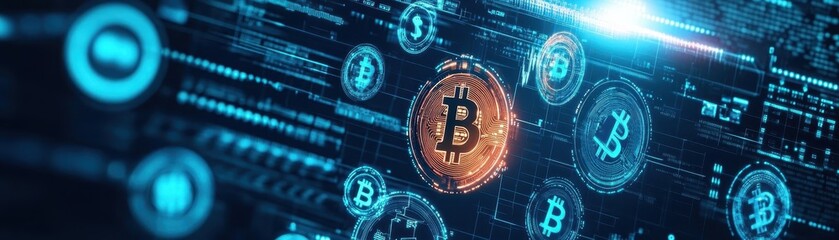 Poster - Digital currency symbols, dark blue tech background, glowing holograms