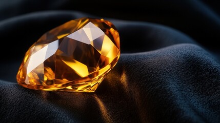Poster - The polished topaz gemstone gleams with a striking golden hue, resting gracefully on a smooth black surface that accentuates its brilliance and clarity