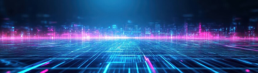 Fototapete - Digital landscape with holographic grids and glowing lines, abstract futuristic city in the distance, neon blue and pink, cyberpunk aesthetic