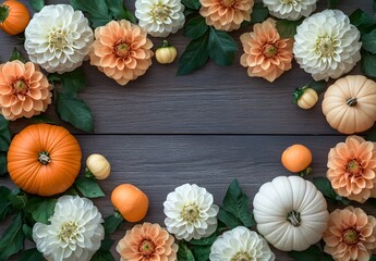 Wall Mural - fall pumpkin and dahlia flower border on rustic wood
