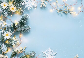 Wall Mural - christmas card border with lights and flowers
