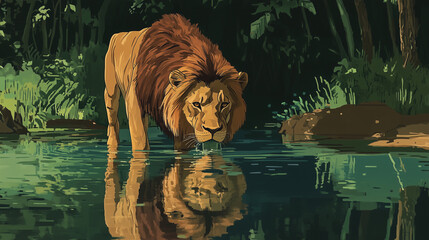 Lion drinking from shallow stream, reflection visible on surface, animal illustration