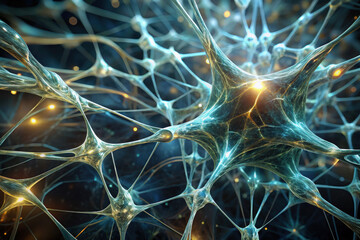 Poster - Intricate network of luminous neurons shining in a dark backdrop, representing the complexity of the human brain's connections. Generative AI