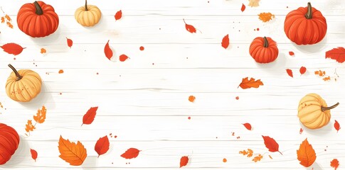 Wall Mural - autumn pumpkin & leaves on white wooden background