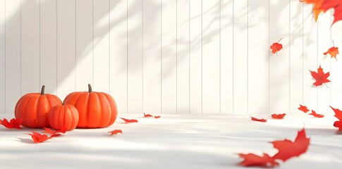 Wall Mural - autumn pumpkin decor on white wooden background