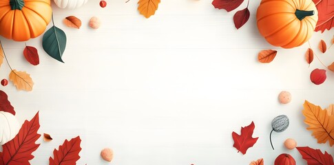 Wall Mural - autumn leaves and pumpkins on white wood