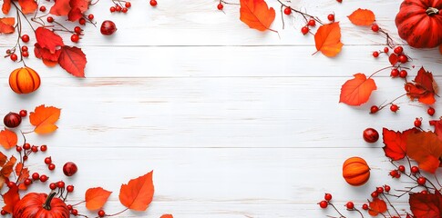 Wall Mural - autumnal pumpkin & leaf border on white wood