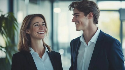 Canvas Print - Professional Couple Smiling in Modern Office Environment