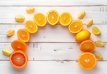 Canvas Print - Citrus Fruit Arch on White Wooden Background