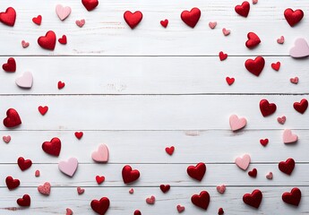 Wall Mural - White Wooden Background With Red And Pink Hearts For Valentine's Day