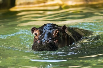 A hippo swimming in a pool of water