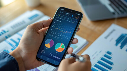 a person using a banking app on their smartphone to pay bills, transfer money, and monitor investmen