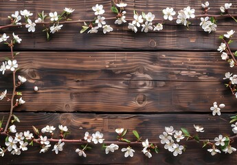 Wall Mural - white blossoms wooden background frame