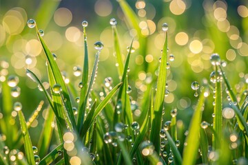 Poster - Close-up of dew drops on grass blades