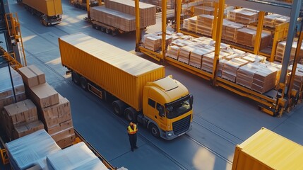 Poster - a truck loading packages in a busy shipping yard during daylight hours with stacks of containers in 