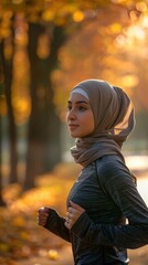 Poster - A woman wearing a grey and tan scarf is running in a park