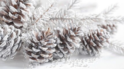Poster - Frost-covered pine cones arranged on a white background, highlighting the beauty of winter's touch in nature