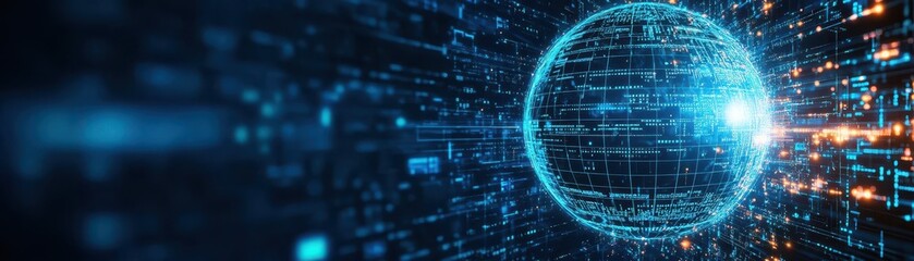 Leinwandbilder - Glowing holographic globe, dark blue digital background, tech elements floating