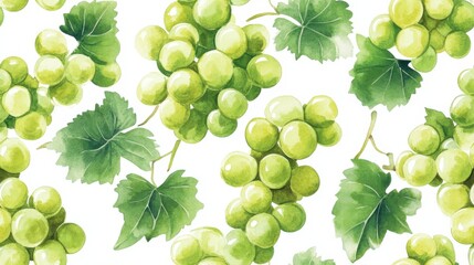 Poster - A vibrant illustration of fresh green grapes on a vine with lush leaves set against a light background