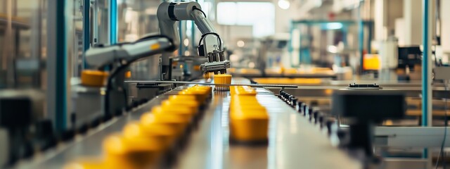 Poster - automated machinery operates along a conveyor belt in a bright manufacturing facility during daytime