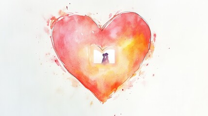 Poster - A watercolor heart illustration featuring a couple embracing with warm colors, symbolizing love and affection in a romantic atmosphere