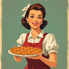 1950 style illustration | Happy women holding a fresh baket pie on neutral background | Classical idyllic retro