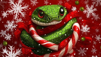 A green wooden snake coiled around a red and white candy cane, set against a festive background of snowflakes and green ornaments