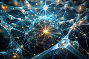 Poster - Exploring the intricate web of neural connections and glowing nodes within a fantastical digital universe at twilight. Generative AI