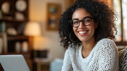 Poster - Smiling Woman with Curly Hair in Cozy Setting