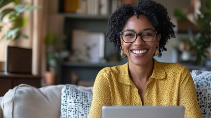 Poster - Smiling Woman with Laptop at Home