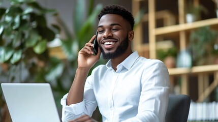 Poster - Smiling Man in Office Talking on Phone