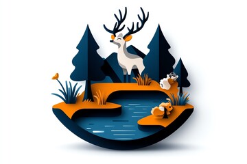 Poster - Minimalist habitat icon with trees, water, and wildlife, representing nature in a clean, abstract design